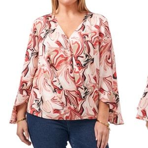Vince Camuto Flare Cuff Faux Wrap Blouse in Red Sepia size 2X